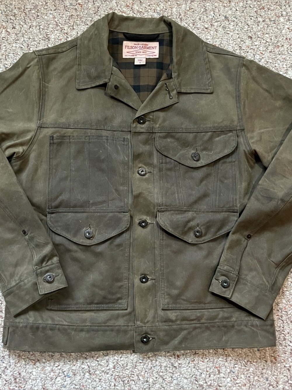 Filson Tin cloth lined cruiser jacket military green rigid heavyweight medium